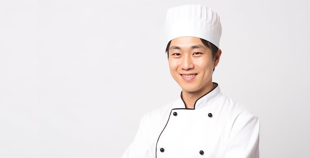 Foto retrato de un joven chef japonés sonriente en uniforme