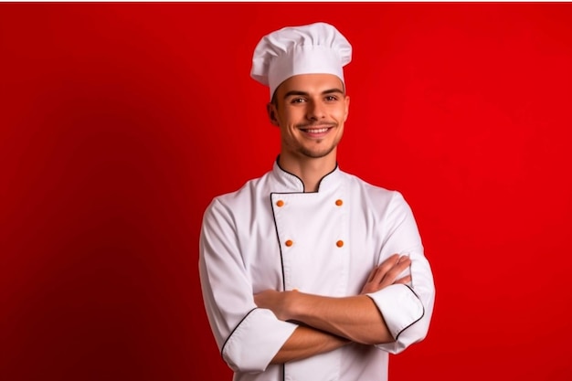 Foto retrato de un joven chef masculino sobre un fondo de estudio rojo