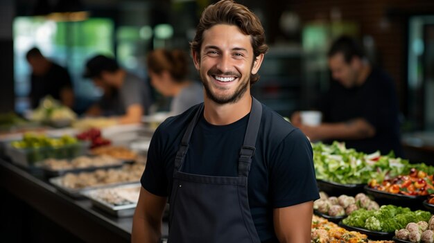 Retrato de un joven chef sonriente en una cocina comercial