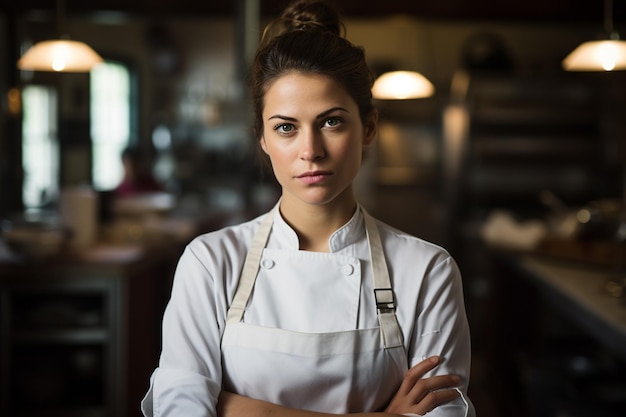 Retrato de una joven chef en su restaurante Generative por Ai