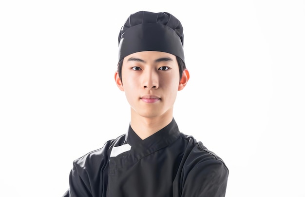 Retrato de un joven chef de sushi asiático con uniforme negro aislado sobre un fondo blanco