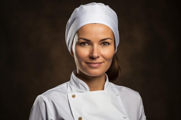 Retrato de una joven chef con un toque blanco sonriendo a la cámara