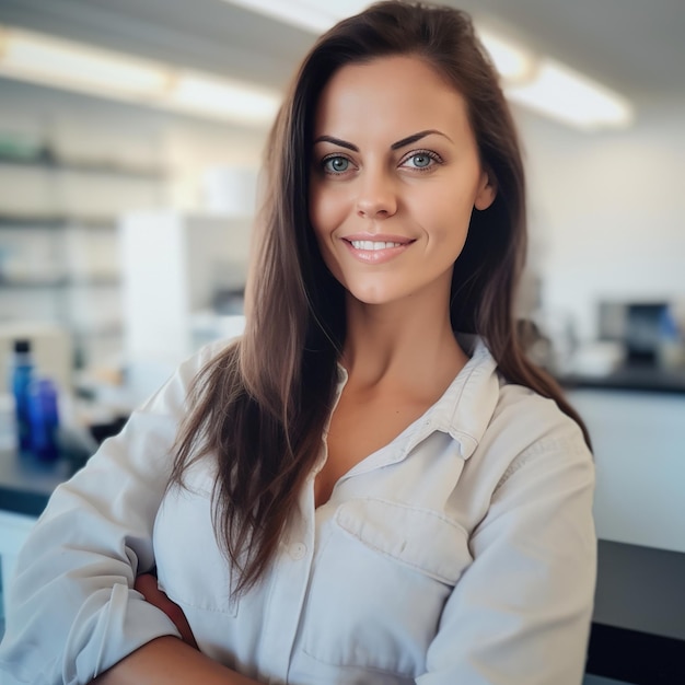 Retrato de una joven científica en un laboratorio