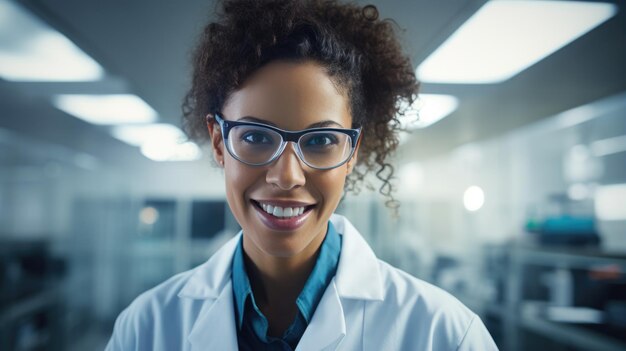 Retrato de una joven científica con el telón de fondo de un laboratorio moderno