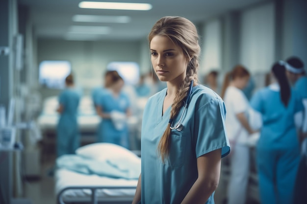 Foto retrato de una joven cirujana de pie en la sala de operaciones