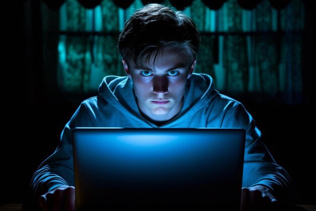 Retrato de un joven con una computadora portátil iluminada sentado en un cuarto oscuro