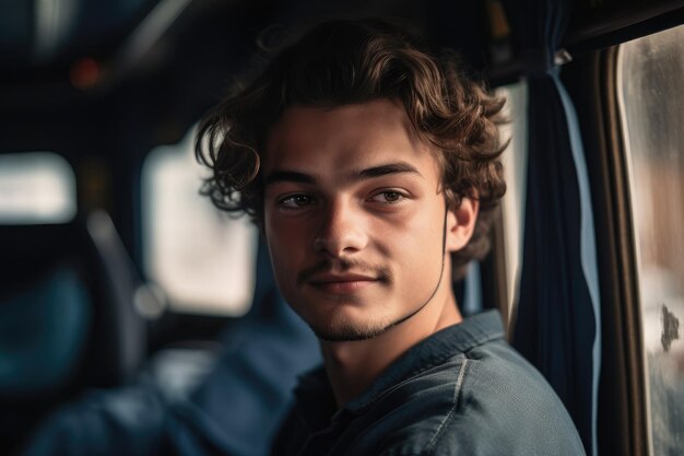 Retrato de un joven conduciendo un autobús