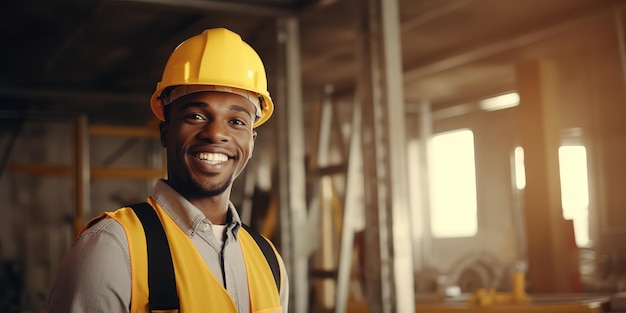 Retrato de un joven constructor afroamericano feliz y alegre que lleva un sombrero duro amarillo