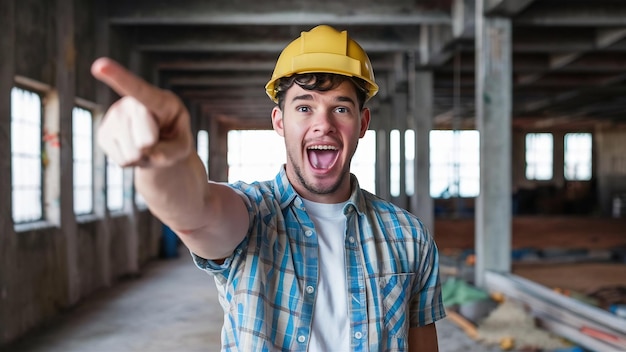 Foto retrato de un joven constructor excitado que señala