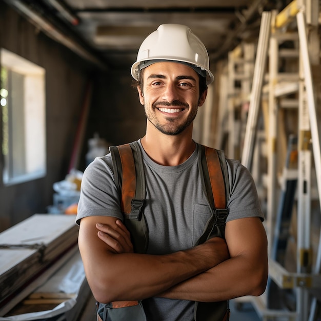 Retrato de un joven constructor positivo y guapo