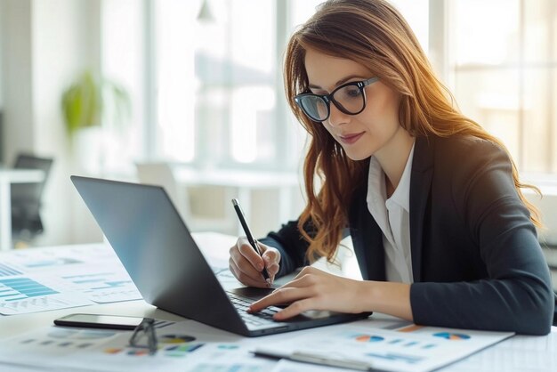 Retrato de una joven contadora trabajando en una computadora portátil