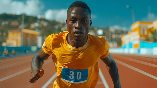 Foto retrato de un joven corredor africano con una camiseta amarilla corriendo en la competencia de los juegos africanos