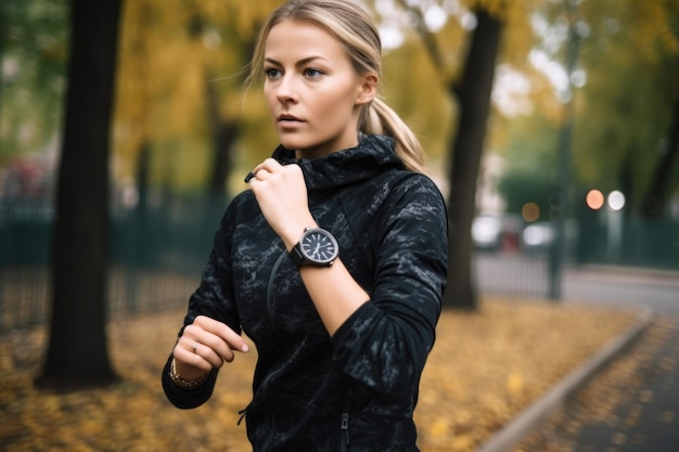 Retrato de una joven corredora revisando su reloj antes de correr creado con inteligencia artificial generativa