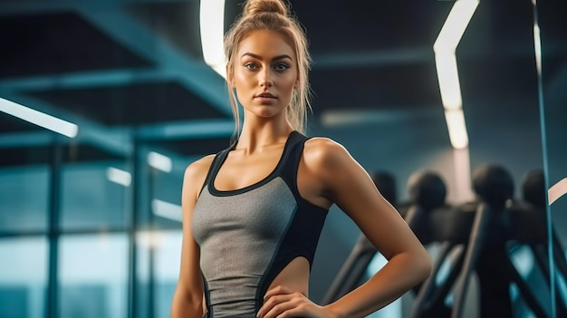 Retrato de una joven deportista bastante en forma con ropa de fitness en el cartel del gimnasio con espacio de copia hecho con IA generativa