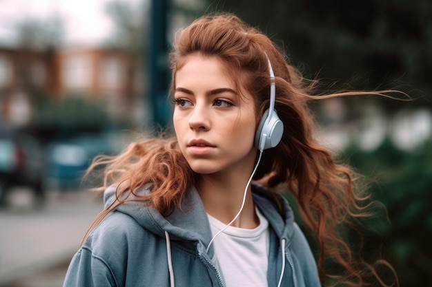 Retrato de una joven deportista que usa auriculares mientras corre al aire libre creado con ai generativo