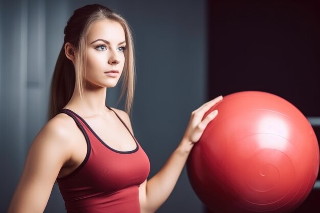 Retrato de una joven deportista sosteniendo una pelota de ejercicio creada con IA generativa