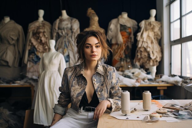 Retrato de una joven diseñadora de moda sentada en la mesa de su estudio