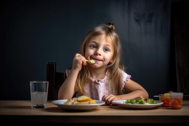 Retrato de una joven disfrutando de una comida sabrosa creada con IA generativa