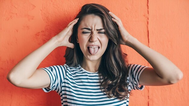 Foto retrato de una joven disgustada que expresa aversión y desdén mostrando la lengua y entrecejando los ojos.