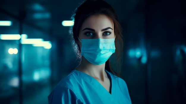 Retrato de una joven doctora con máscara protectora en el pasillo del hospital