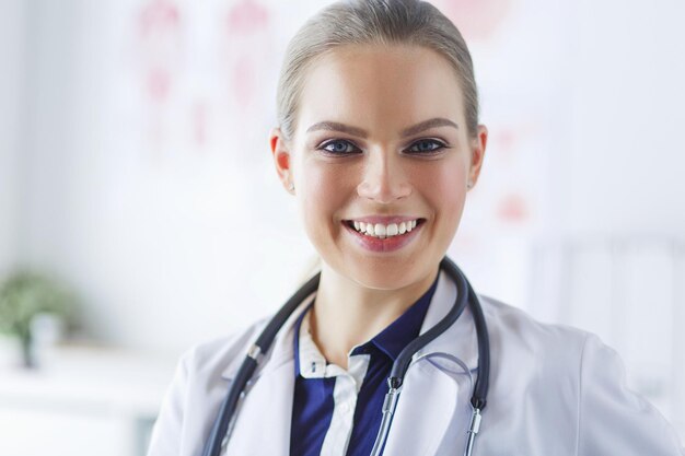 Retrato de joven doctora sentado en el escritorio en el hospital