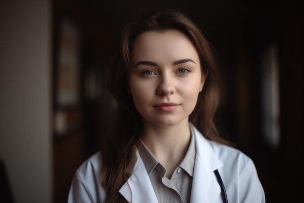 Retrato de una joven doctora en su clínica creada con IA generativa