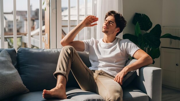 Foto retrato de un joven elegante y atractivo sin afeitar que lleva una camiseta blanca y vaqueros beige sentado