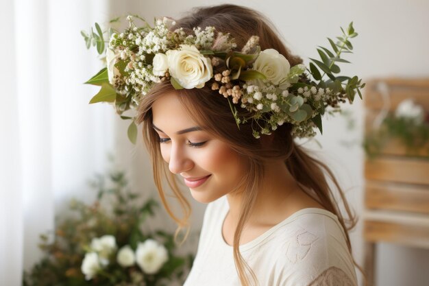 Foto retrato de una joven elegante con una encantadora corona de flores que adorna su hermosa cabeza