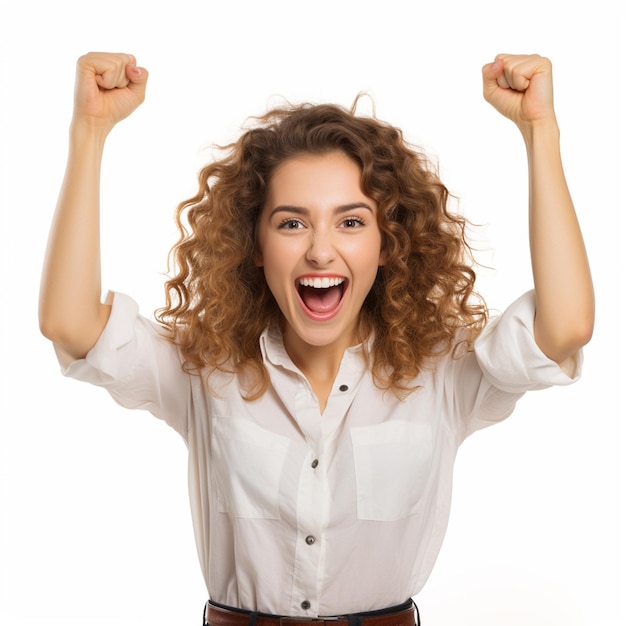 Retrato de una joven emocionada celebrando el éxito aislada sobre un fondo blanco