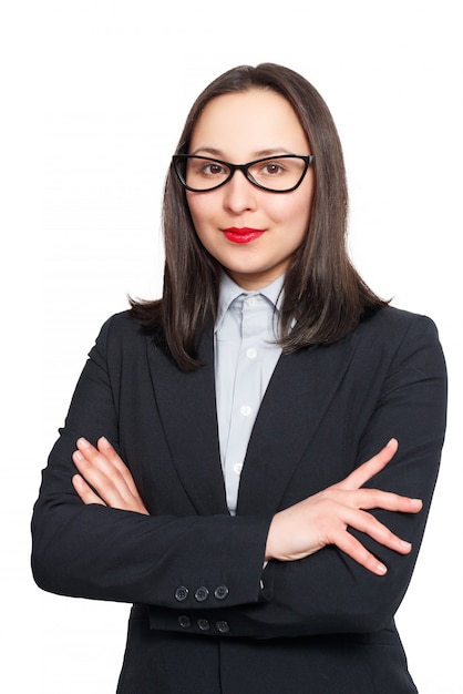 Retrato de joven empresaria en blanco