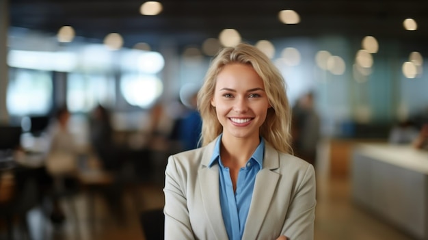 Retrato de una joven empresaria con fondo borroso