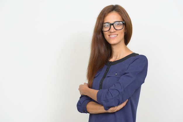 Retrato de joven empresaria hermosa con cabello castaño