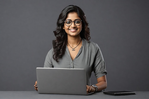 Retrato de una joven empresaria india sonriente sentada en su escritorio con una computadora portátil