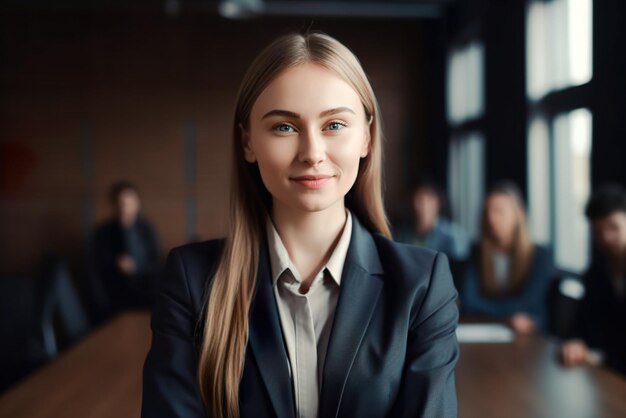 Retrato de una joven empresaria de pie en el cargo con colegas en el fondo IA generativa