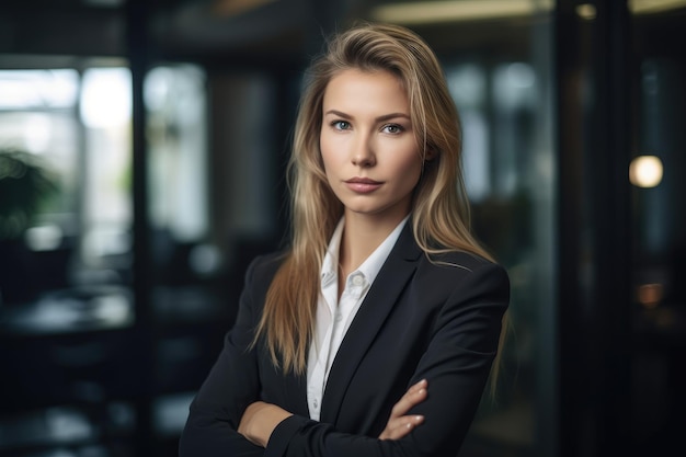 Retrato de una joven empresaria de pie en una oficina creada con ai generativa