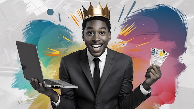 Foto retrato de un joven empresario afroamericano feliz y exitoso con una corona sosteniendo una lotería portátil