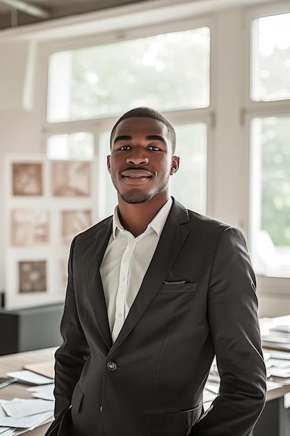 Foto retrato de un joven empresario afroamericano sonriendo en una oficina