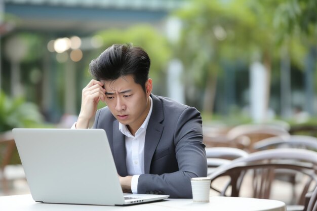 Retrato de un joven empresario estresado escribiendo furiosamente en su portátil en un ambiente de oficina ocupado