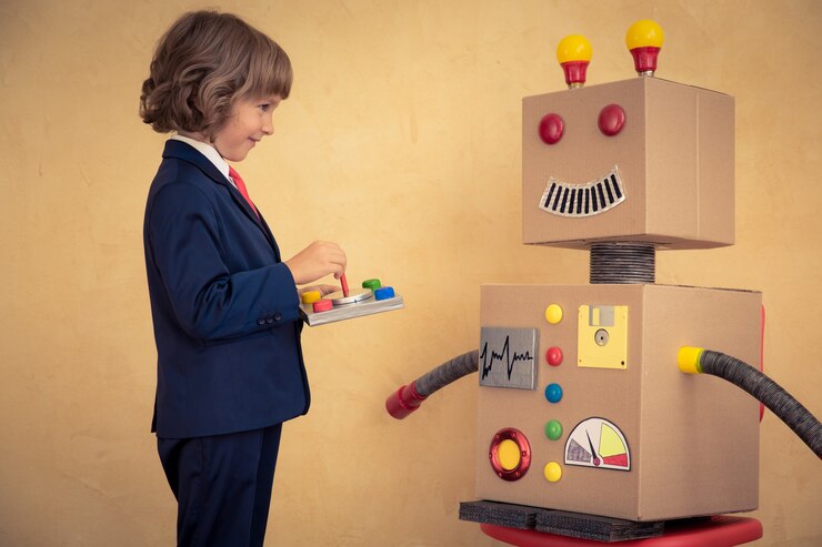 Foto retrato de joven empresario con éxito de robot de juguete concepto de tecnología creativa e innovación