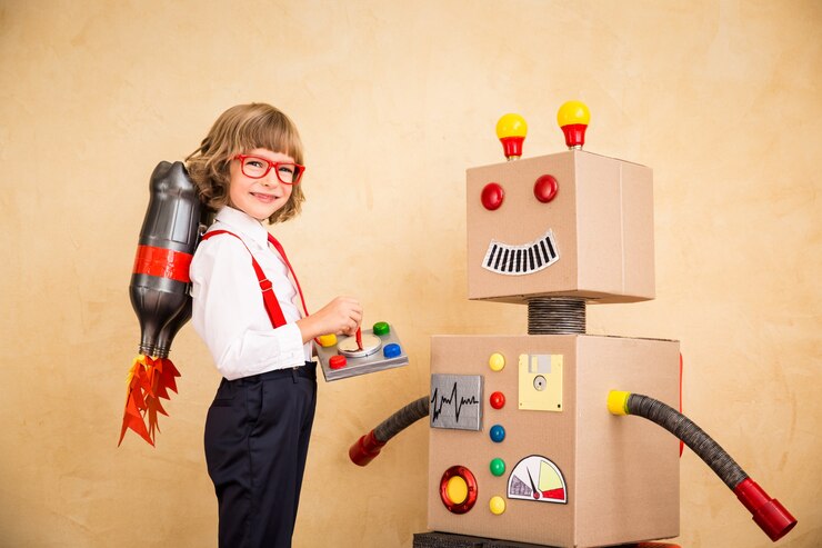 Foto retrato de joven empresario con éxito de robot de juguete concepto de tecnología creativa e innovación