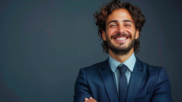 Retrato de un joven empresario feliz con los brazos cruzados sobre un fondo gris