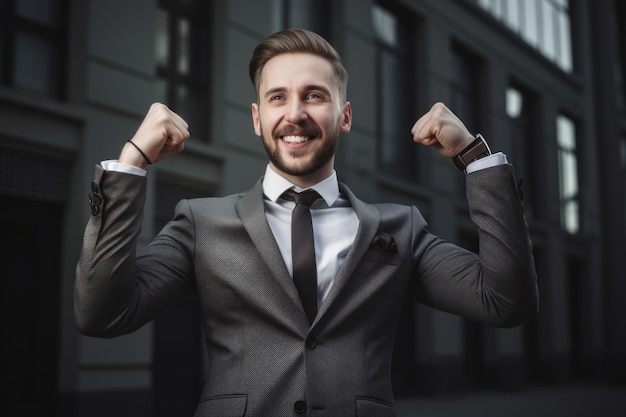 Retrato de un joven empresario feliz celebrando el éxito Hombre de negocios exitoso IA generativa