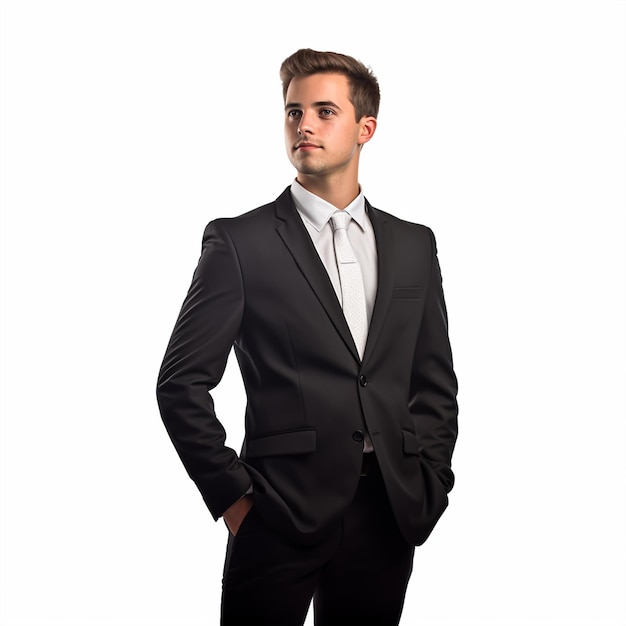 Retrato de un joven empresario feliz mirando a la cámara aislada sobre fondo blanco