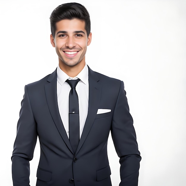 Retrato de un joven empresario feliz y sonriente aislado sobre fondo blanco