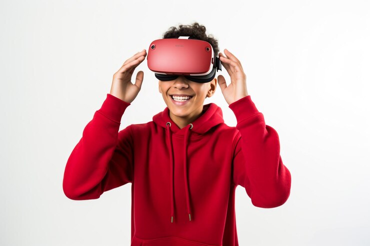 Retrato de un joven empresario con gafas de realidad virtual sobre un fondo blanco