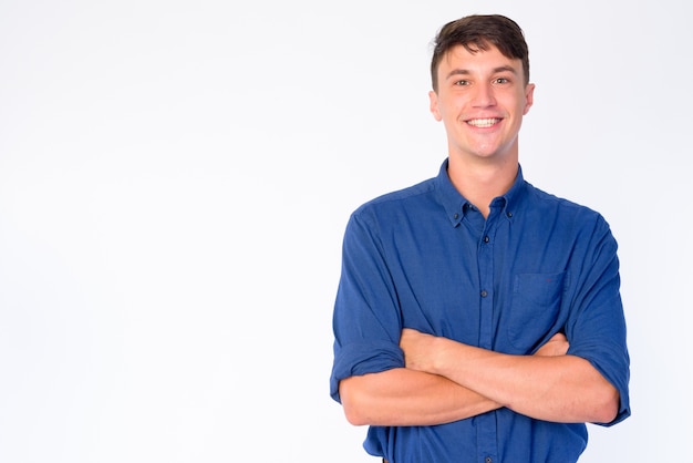 Retrato de joven empresario guapo aislado en blanco