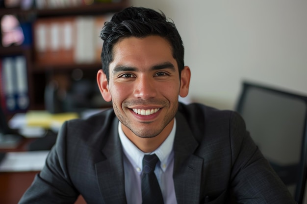 Foto retrato de un joven empresario hispano dentro de la oficina