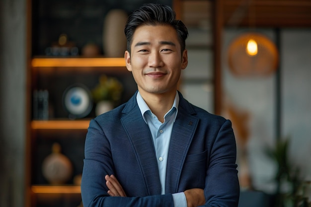 Retrato de un joven empresario japonés confiado de pie en la oficina con un traje de negocios azul Gerente corporativo exitoso posando para la cámara con los brazos cruzados sonriendo alegremente