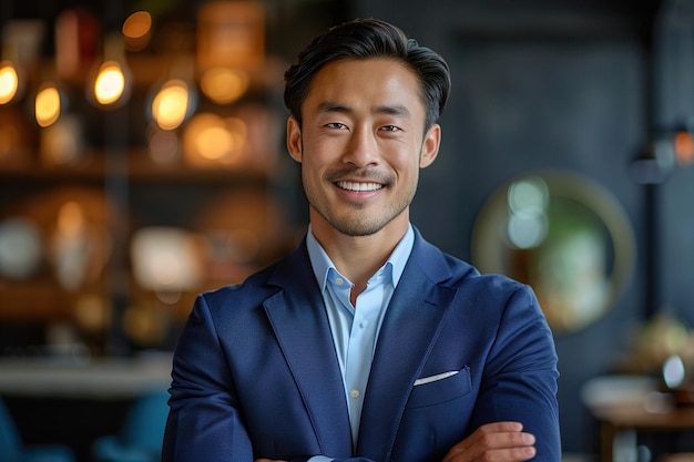 Retrato de un joven empresario japonés confiado de pie en la oficina con un traje de negocios azul Gerente corporativo exitoso posando para la cámara con los brazos cruzados sonriendo alegremente