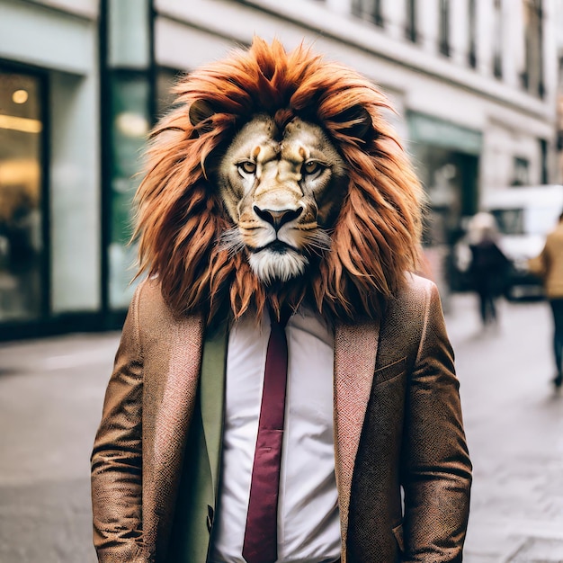 retrato de joven empresario con máscara de león y retrato de león de joven comerciante con